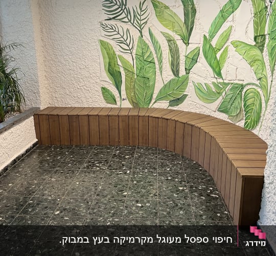 ספסל עץ מעוקל ליד קיר עם עלים ירוקים